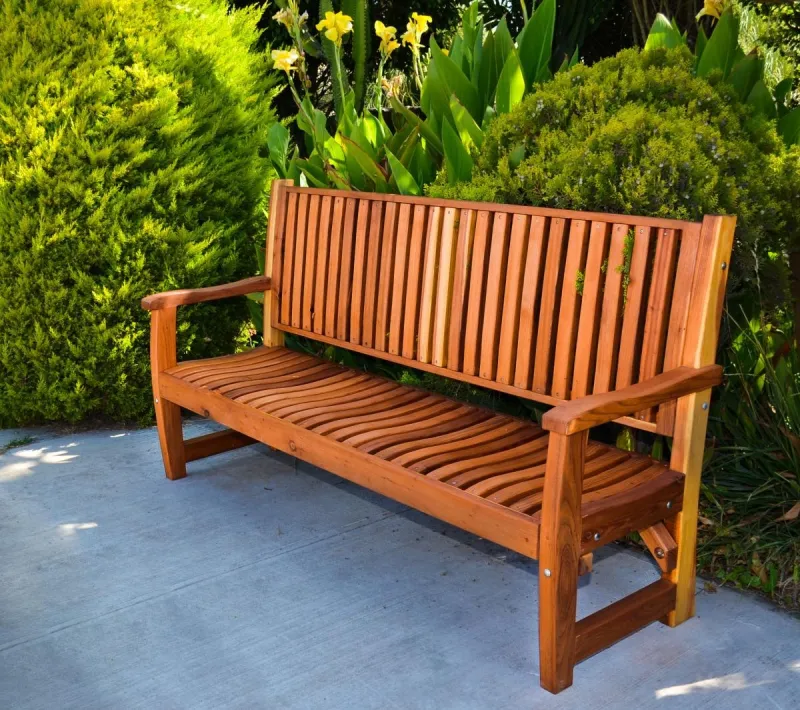 A redwood garden bench