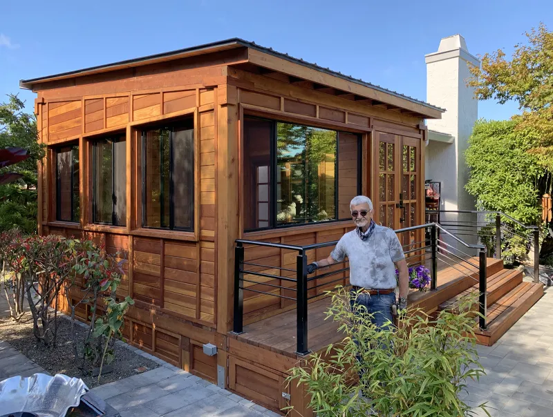 A redwood backyard cabin