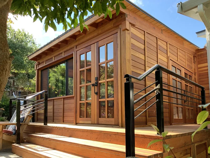 The Palo Alto Backyard Cabin with French doors and a deck