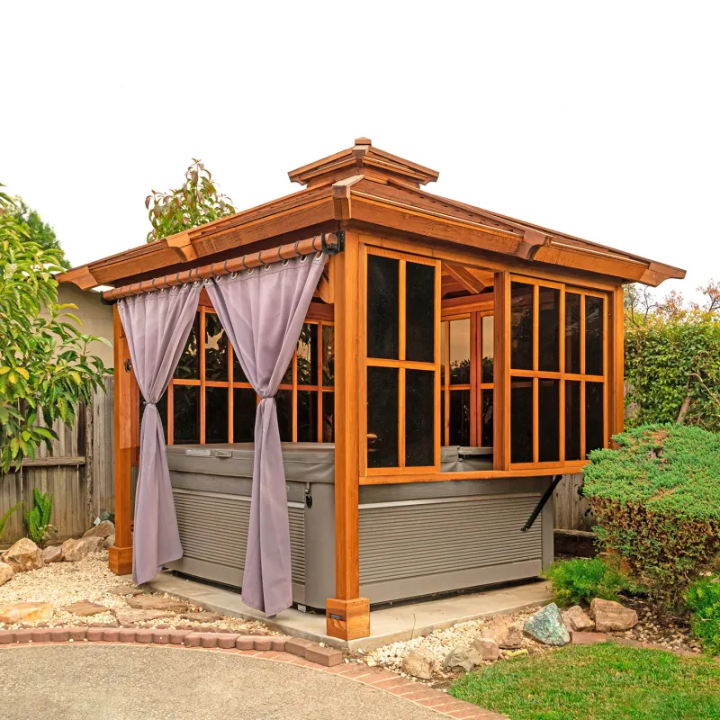 A redwood hot tub enclosure