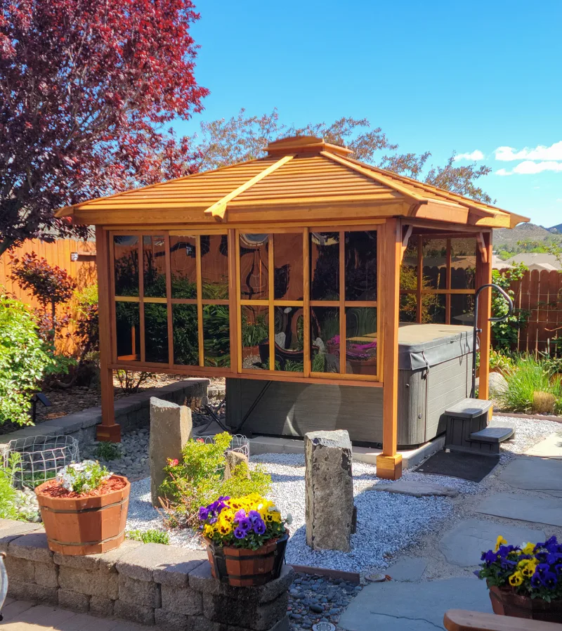 A redwood hot tub enclosure