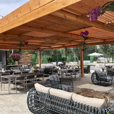 Modern Louvered Garden Pergola (Options: 40' L x 24' W, 8" x 8" Posts, Mobile Louvers, Douglas-fir, 10 ft H, No Electrical Wiring Trim, 6-Post Anchor Kit for High-Wind, No post decorative trims, No Ceiling Fan Base, Transparent Premium Sealant). Photo Courtesy of the Miami Open at Dolphins Stadium in Miami, Florida.