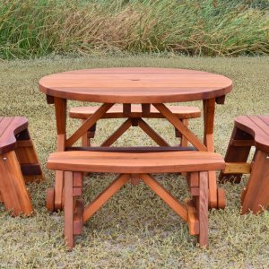 Round Wood Picnic Table with Wheels | Forever Redwood