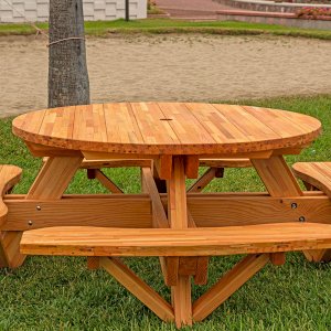 Round Wooden Picnic Table with Attached Benches