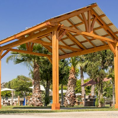 The Breezy Pavilion (Options: 14' L x 12' W, Douglas-fir, 4-Post Anchor Kit for High-Wind, No Ceiling Fan Base, Vertical Decorative Trims, Transparent Premium Sealant).