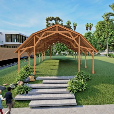 The Falcon Wing Pavilion (Options: 60' L x 30' Arc W, California Redwood, 10ft H, Transparent Premium Sealant). Image Shown is a Scaled Rendering.