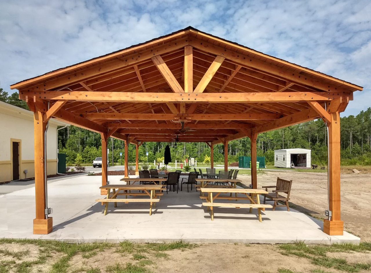 Del Rio Cathedral Ceiling Thick Timber Pavilion | Forever Redwood