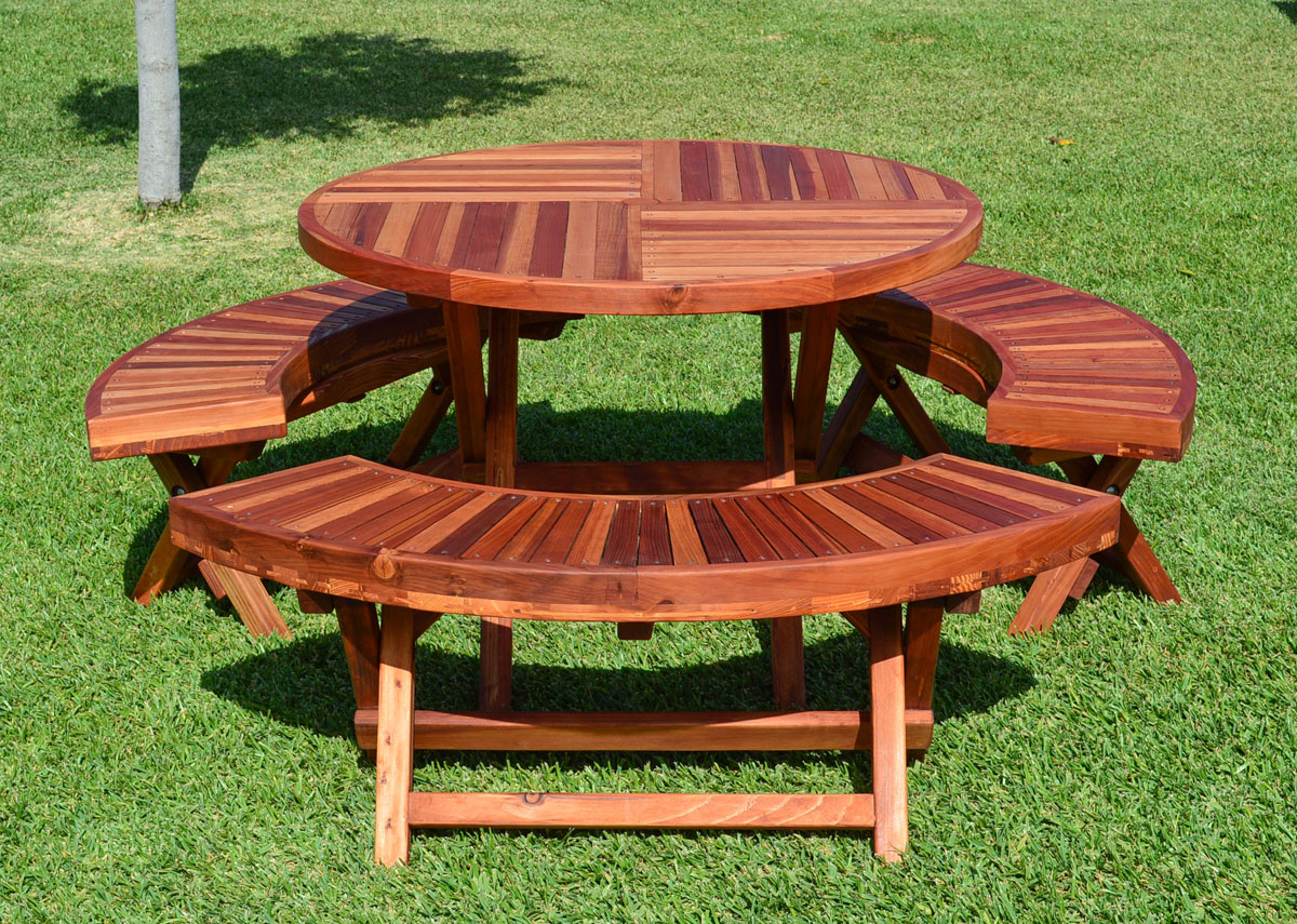 Round Wood Folding Picnic Table with Curved Benches | Forever Redwood